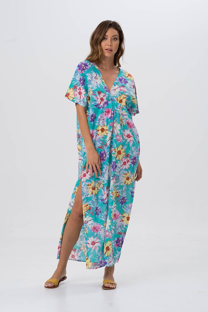 Aqua Floral Kaftan dress- LIMITED COLLECTION