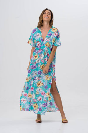 Aqua Floral Kaftan dress- LIMITED COLLECTION