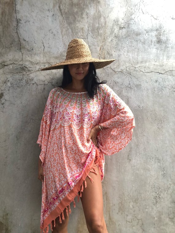 Salmon Printed Poncho or Coverup ( Sequinned) - LIMITED COLLECTION
