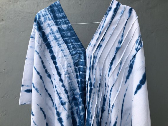 White & Blue Tie Dyed V Neck Kaftan- LIMITED EDITION