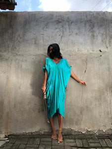Open Shoulder Deep Green Tie Dye MIDI Kaftan - LIMITED EDITION
