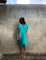 Open Shoulder Deep Green Tie Dye MIDI Kaftan - LIMITED EDITION